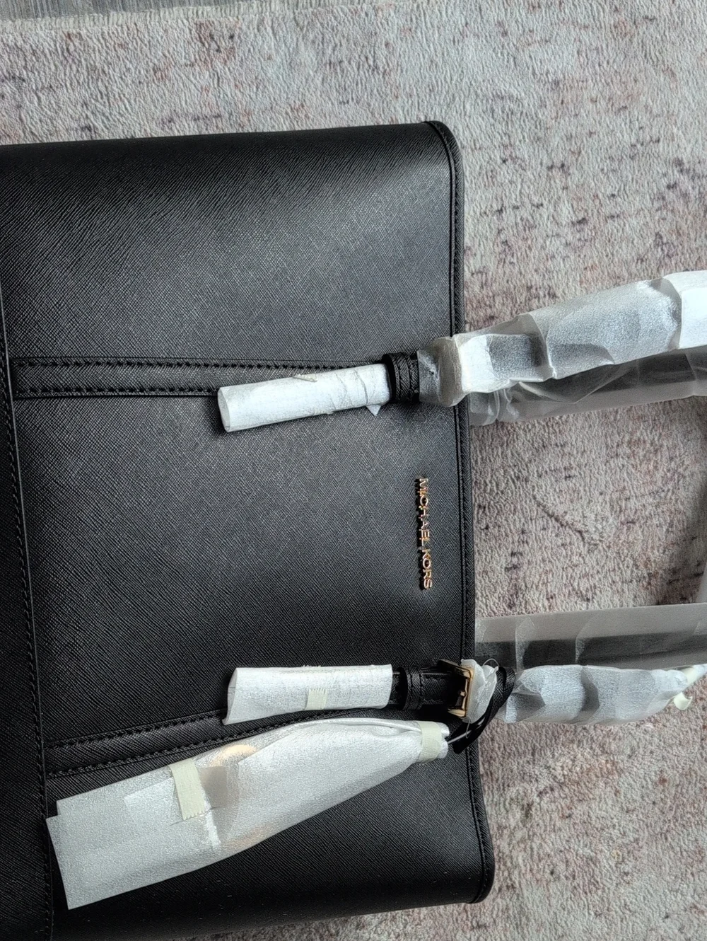 Michael Kors Black Leather Messenger Bag with Gold Logo